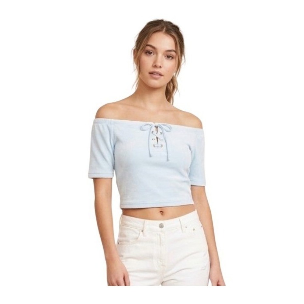 Vtg Juicy Couture Gold Label Regal Velour Off The Shoulder Top Baby Blue XL